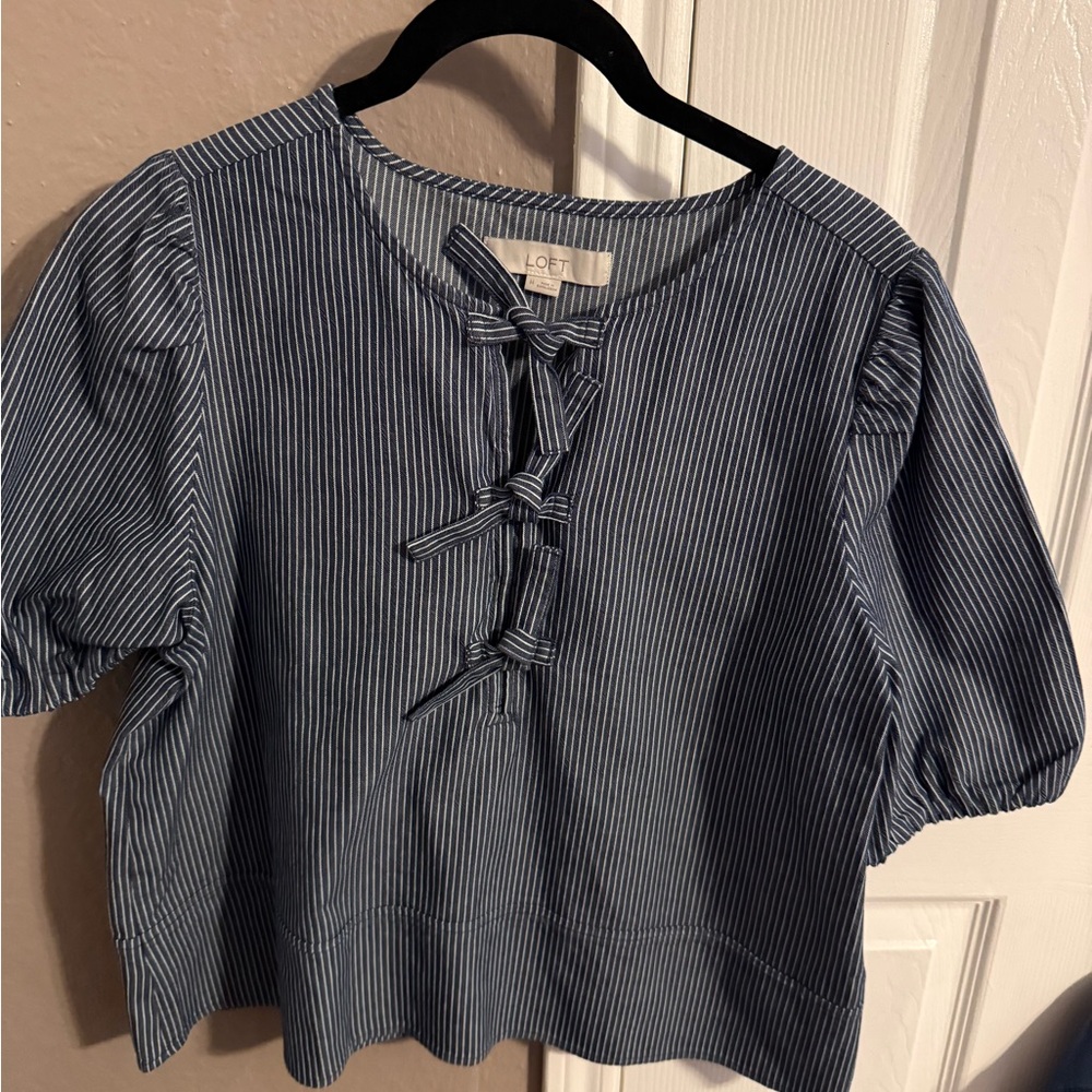LOFT Navy Pinstripe Blouse with Bow Detail
